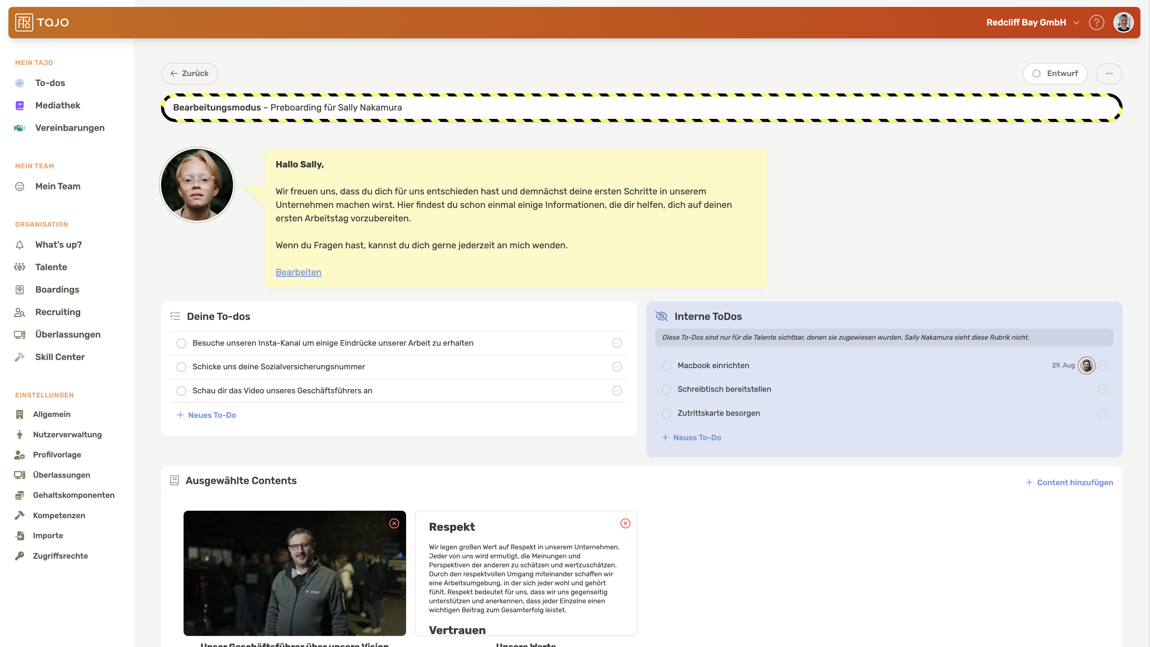 Tajo Prepare-Onboarding mit persönlicher Begrüßung, Aufgaben und Inhalten