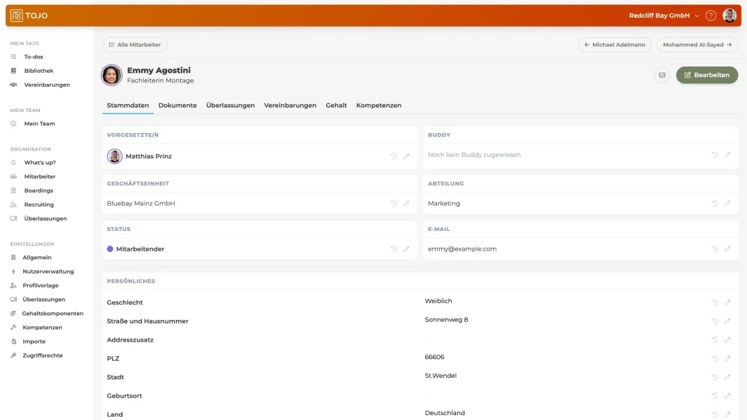 Tajo Ansicht für Abwesenheiten und Mitarbeiterdaten