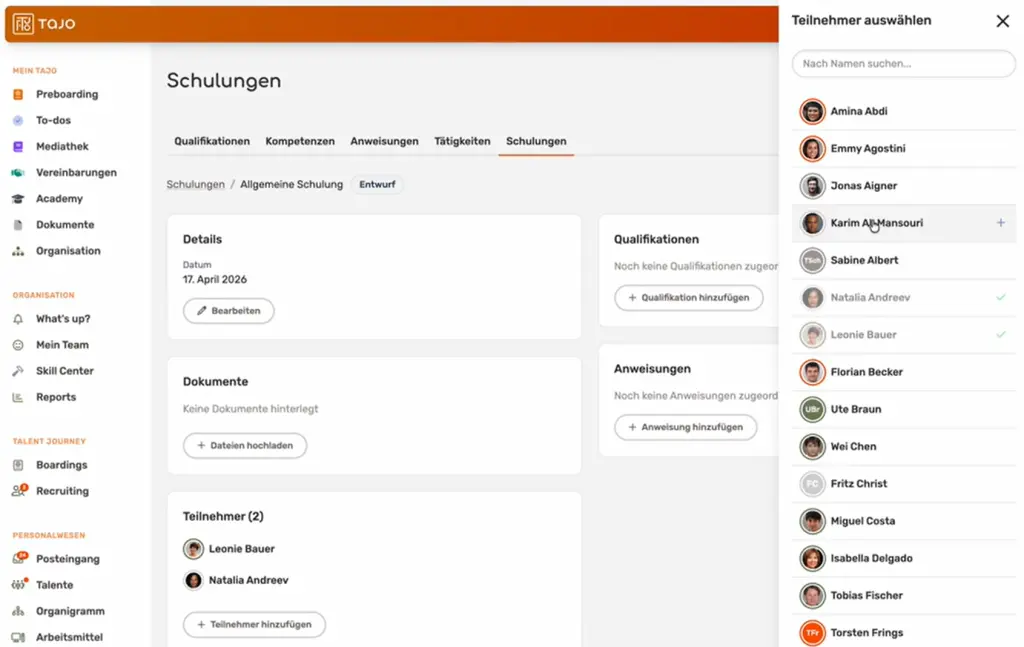 Tajo Schulungsmanagement mit Qualifikationen, Dokumenten und Teilnehmenden